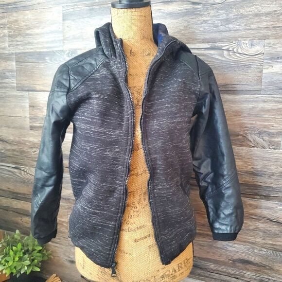 Urban Republic Boys Dark Heather Gray Faux Leather Sleeves Hooded Jacket 10 12 - Picture 1 of 6